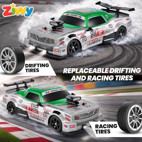 Image of Big Remote Control Car - Green | 2.4G Drift Racing Car with 100 Meter Range, Smoke Effect, LED Lights & Music | Rechargeable RC Car Toy | Best Gift for Boys & Girls 2 3 4 5 6 7 8+ Years