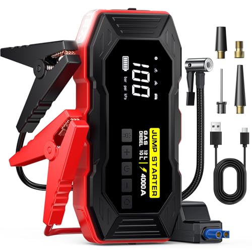 Jump Starter with Air Compressor, Portable Car Battery Jump Starter(12 Gas/10L Diesel), 4000A Peak 160PSI 12V Automobile Jump Box Pack Chargers with Jumper Cables, 4-Mode LED Lights, LCD Display
