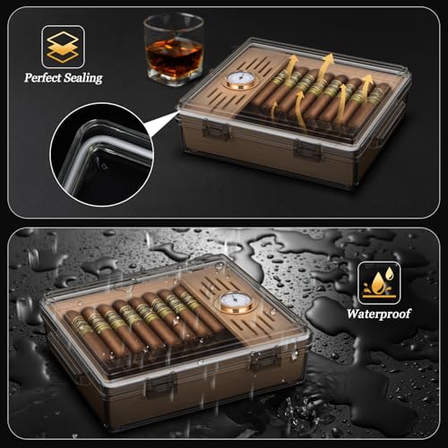 Image of Acrylic Cigar Humidor, Clear Cigar Box with Hygrometer, Humidifier and Cedar Wood Tray, Desktop Cigar Case Can Hold About 20-30 Cigars (Grey)