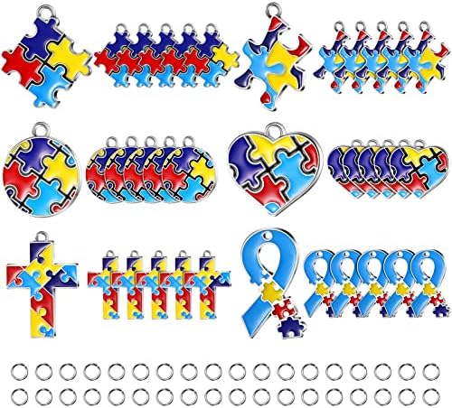 Hicarer Autism Charms Pendants Puzzle Piece Charms Puzzle Autism Alloy Pendants for Jewelry Making DIY Necklaces Bracelets Key Chains Crafts Making Supplies with Semi Opening Rings (36)