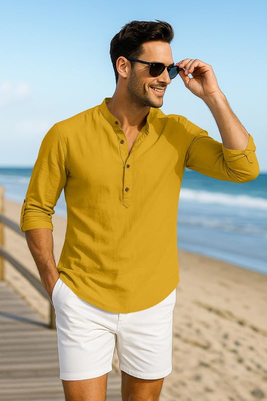 Image of Macsivo Men's Cotton Blend Solid Short Kurta with Mandarin Collared Full Sleeve Drawstring Stylish Straight Length | Kurta for Men Stylish