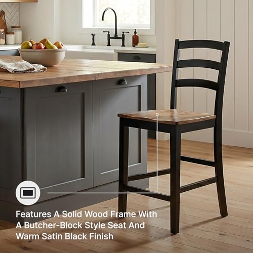Image of Signature Design by Ashley Counter Height Barstool, Set of 2, Brown /Black | Solid wood frame with contoured butcher block veneer seat, Farmhouse style for kitchen islands, Wildenauer Series