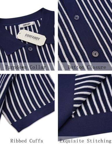 Image of COOFANDY Mens Knit Button Down Shirts Short Sleeve Polo Shirt Vintage Striped Casual Shirts