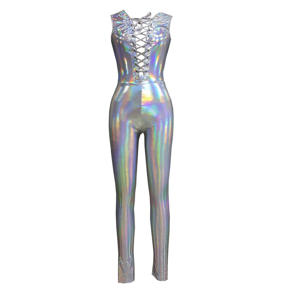 pinda Rave Iridescent Holographic Sleeveless Laced Up Jumpsuit Bodysuit Catsuit