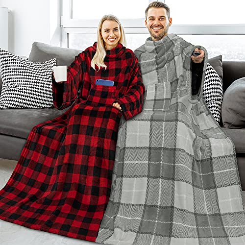 Pavilia Premium Fleece Blanket With Sleeves For Women Men Adult, Wearable Blanket Warm Cozy, Super Soft Sleeved Throw With Arm, Gift For Women Mom Wife (Checkered Red, Regular Pocket) #TOP3