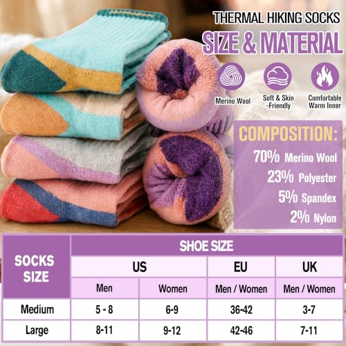 Image of MOGGEI 5 Pairs Merino Wool Hiking Socks Warm Thermal Winter Cozy Cushioned Moisture Wicking Socks for Women & Men