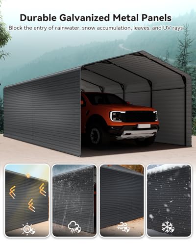 Image of Heavy Duty Metal Carport, 12x20FT Outdoor Carport Canopy with Galvanized Steel Roof and Reinforced Base, Metal Side Panels, Sidewalls, Garage Shelter Shade for Cars, Trucks, Boats, Gray