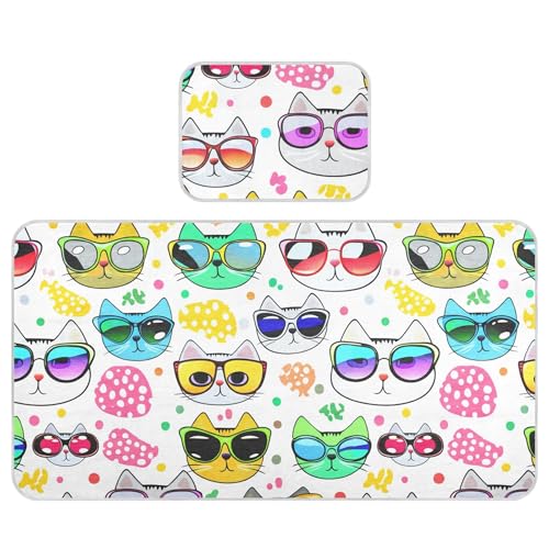 Burbuja Baby Cooling Mat Cartoon Cat Faces Wearing Sunglasses Bed Pad Ice Silk Cool Mat for Crib Mattress, Sleeping Pad with Pillowcase for Girl Boy, 28x52 in
