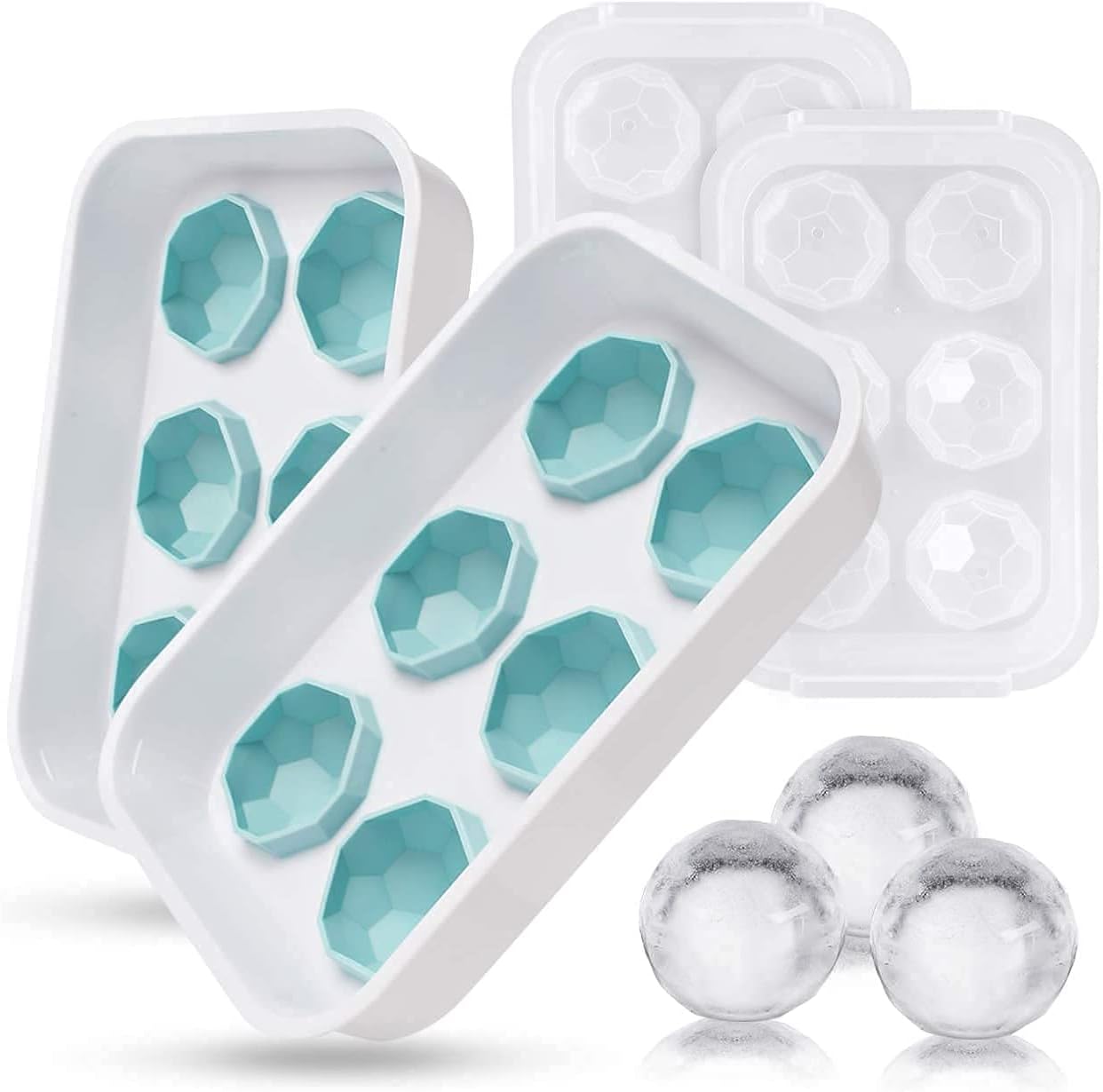 Zollyss 2 Pack Ice Ball Trays - Large Ice Cube Tray Spheres Ice Ball Molds Reusable Spherical Ice Maker with Removable Lids for Whiskey Chilling Wine Cocktail Beverages Juice
