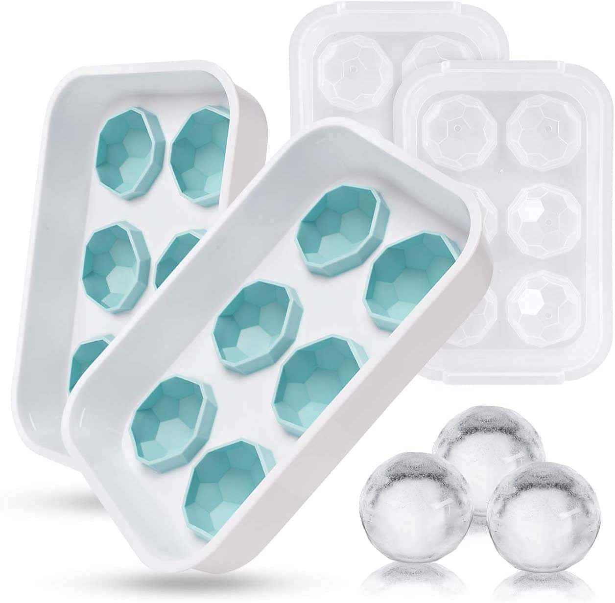 Zollyss 2 Pack Ice Ball Trays - Large Ice Cube Tray Spheres Ice Ball Molds Reusable Spherical Ice Maker with Removable Lids for Whiskey Chilling Wine Cocktail Beverages Juice