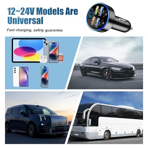 USB Car Charger 6 In 1 Super Fast Charging 4 USB A 2 PD Type C Car Phone Charger Adapter 12V/24V 300W Quick Charge Cigarette Lighter Socket for iPhone, Samsung, Android, iPad Multi Devices - Image 5