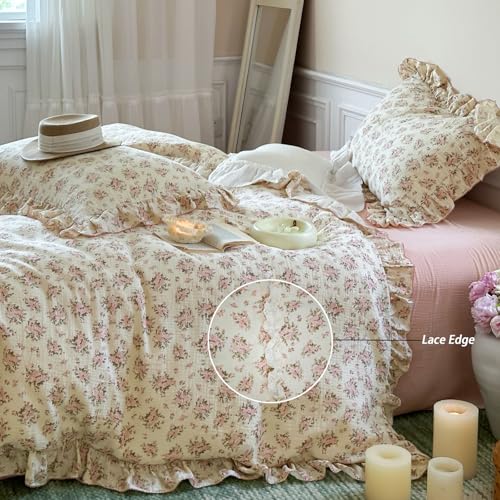 Image of VM VOUGEMARKET Muslin Cotton Duvet Cover Set Queen,Vintage Flower Comforter /Quilt Cover with Romantic Ruffles,Soft, Breathable & Lightweight 90 inchx90 inch
