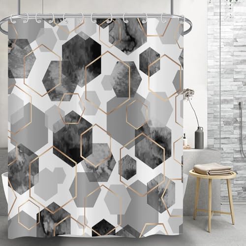 Rideau de douche gris 180x200 moderne géométrique hexagone