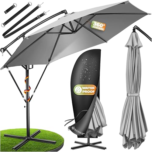KESSER® Sonnenschirm Ø 350 cm, Ampelschirm mit Kurbel, für Balkon, Terrasse & Garten, Sonnenschutz, Gestell & Ständer aus Alu, UV-Schutz, wasserdicht + Windfest, 360° Funktion + Schutzhülle, Hellgrau