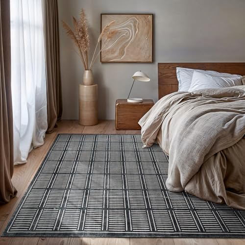 Rugshop Bohemian Stripe Lines Washable Non Slip Area Rug 8' x 10' Black