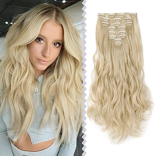 Elailite Clip In Extensions, 140g Haarverlängerung Haarteil Gewellt 8 Tressen mit 18 Clips, 24\"(61cm) für komplette Haarverlängerung Bleach Blonde Elailite Clip In Extensions, 140g Haarverlängerung Haarteil Gewellt 8 Tressen mit 18 Clips, 24\"(61cm) für komplette Haarverlängerung Bleach Blonde