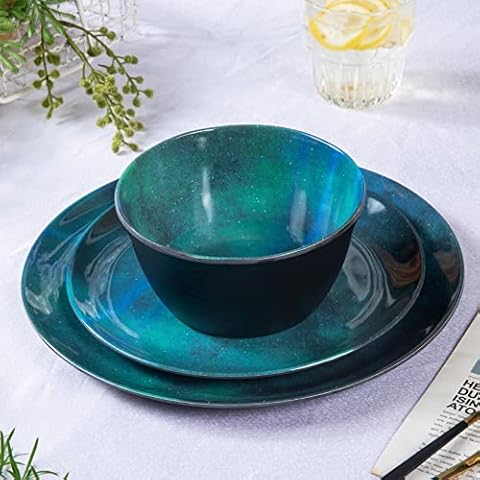 Melamine Dinnerware Sets - 12pcs Camping Dishes Set ,Melamine Plates Indoor Outdoor use, Dishwasher Safe, Interstellar Pattern … Cover