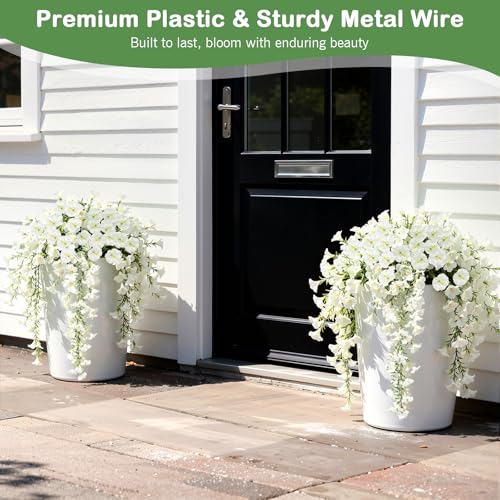 Image of Lewondr 2PCS Artificial Hanging Flowers UV Resistant Silk Petunias, White | 29.5 inch Morning Glory, No Watering Needed, Fade Proof, for Porch Patio Yard Baskets, Spring Summer Decor, Indoor Outdoor Use