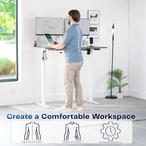 Image of VIVO Dark Gray 55 x 28 in Standing Desk, DESK-KIT-1W55G | Electric, Holds 220 lbs, Sit Stand, Height Adjustable, Solid One-Piece Table Top, Memory Presets, 1B Series, White Frame