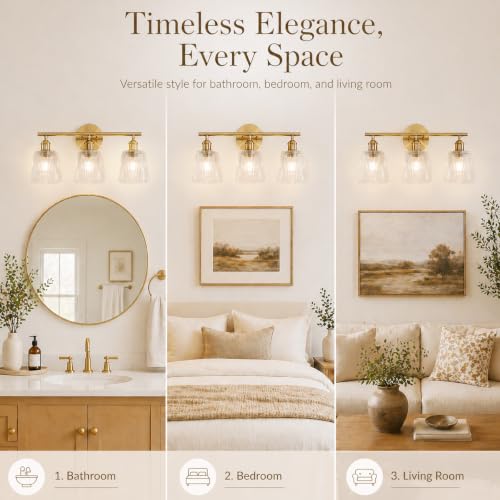 Image of Bathroom Light Fixtures, 3-Light Gold Bathroom Vanity Lights Over Mirror