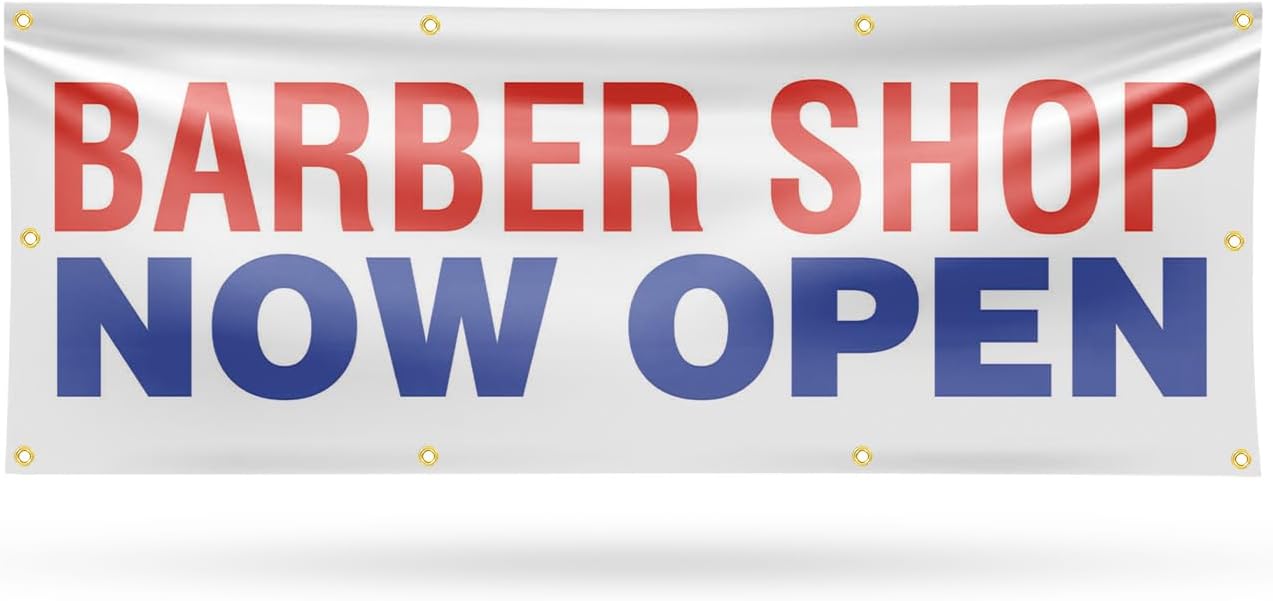 Barber Shop Now Open Banner Sign 48 Inch x 96 Inch | 13 oz Vinyl with Metal Grommets | Heavy-Duty Single-Sided Outdoor Durable Printed High-Quality Weatherproof | Made in the USA