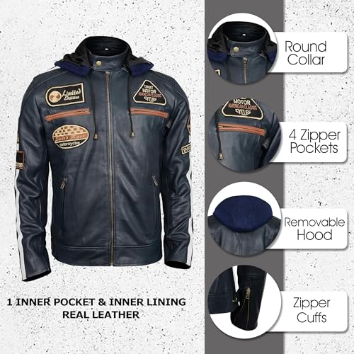 LP-FACON Mens Vintage Motorcycle Patches Retro Stripes Cafe Racer Biker Leather Jacket | Detachable Hood2