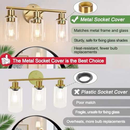 3-Light Gold Bathroom Light Fixtures, Modern Bathroom Vanity Light with Clear Glass Shade, Brushed Gold Bath Wall Mount Lights, Wall Lamp for Mirror Kitchen Bedroom Hallway Living Room Hallway