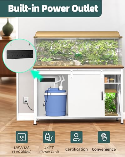 Image of Aquarium Stand for Fish Tank: 55-75 Gallon Fish Tank Stand with Sliding Door - Heavy Duty Metal Aquarium Table with Power Outlet - 2-Tier Breeder Reptile Terrarium Stand for Home & Office(White)