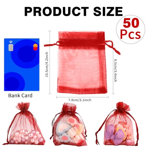 Image of Burgundy Sheer Organza Bags - 3 x 4 inch, 50 Pcs, Small with Drawstring, Jewelry Gift & Party Favor Bags for Candy, Wedding, Christmas