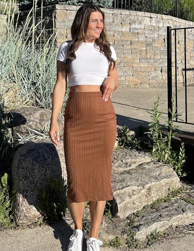 Image of Zeagoo Womens Knit Midi Skirts Casual Pencil Skirt High Waisted Long Skirt with Slit Elegant Work Office Skirts