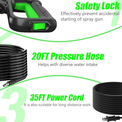 4800PSI PowerWasher with 20FT Hose, 35FT Cord, 4 Quick Nozzles, Foam Cannon for Car, Lane, Patio Cleaning, Hydro Jet Pressure Hose Water Wand for Gutter Patio Car Garden Window, Green - Image 4