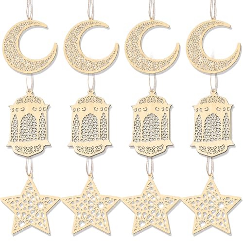Ramadan Decorations for Home - 12Pcs Wooden Ramadan Hanging Decorations Hollow Star Moon Pendant Ornament Happy Eid Mubarak Sign for Party Decorations