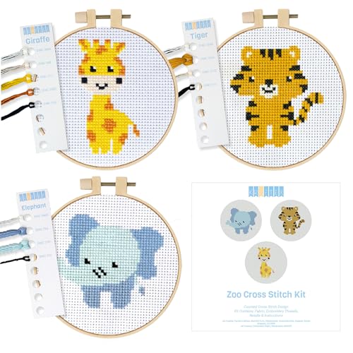 Image of Kraftex Floral Stamped Cross Stitch Kits for Beginners - 3 Pack. DIY Embroidery Needlepoint Patterns for Adults. Easy Cross Stitch Kits for Beginners (Zoo Creatures)