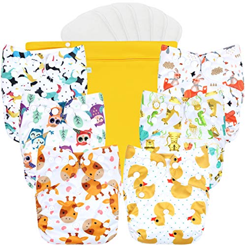 wegreeco Cloth Diapers 6 Pack with 6 Inserts & 1 Wet Bag, Washable Cloth Diapers for Babies, One Size Adjustable Reusable (Bright Animals)