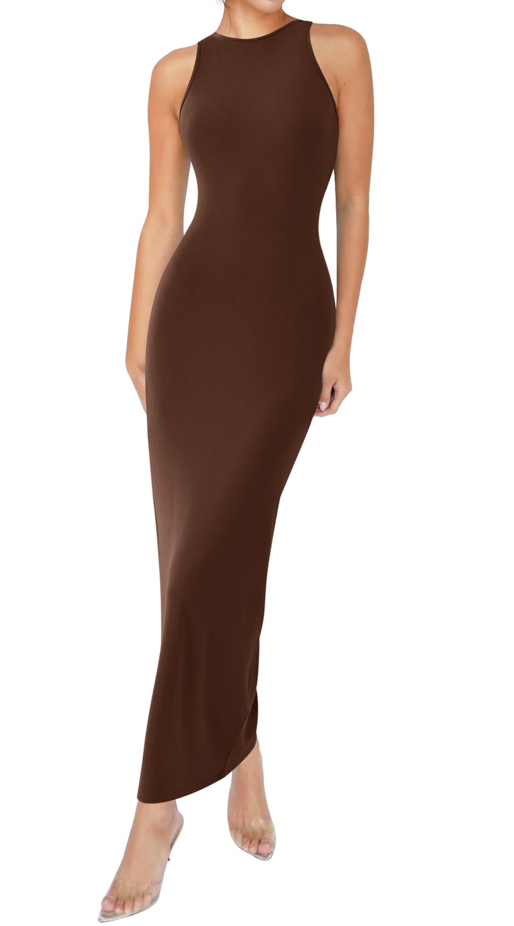 Relety Women's Bodycon Maxi Dresses Ribbed Lounge Tank Long Dresses Elegant Halter Neck Casual Sleeveless Summer Dresses Coffee XS