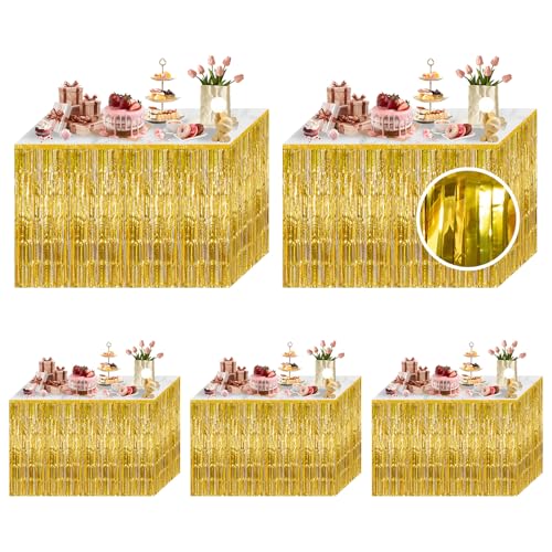 5 Pack Gold Foil Fringe Table Skirt 29x108 Inch Metallic Foil Fringe Table Skirts Tinsel Streamer Curtains Backdrop Parade Floats Birthday Halloween Christmas Party Decoration (Gold)