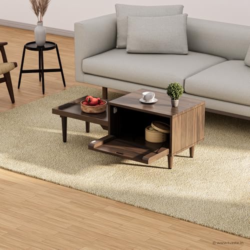 Image of KOVA Solid Sheesham Wood Coffee Table & Centre Table for Living Room with Lift-Down Shutter Storage and Open Side Tray (Dotted, Walnut Finish)