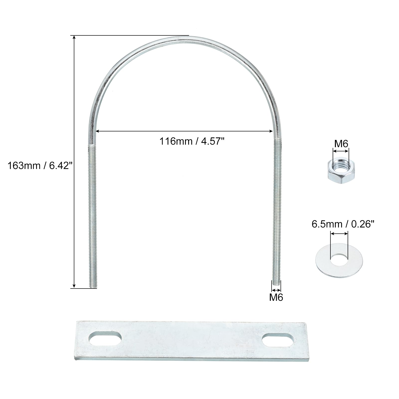 QUARKZMAN Boulons en U Ronds, 6 Ensembles 116mm Largeur Intérieure 163mm Longueur M6 Boulon en U en Acier au Carbone Zingué avec Écrous et Plaques, pour Remorque de Bateau