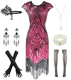 Letter Love Women 1920s Vintage Flapper Fringe Beaded Gatsby Party Dress With 20s Accessories Set (L, Hot Pink)