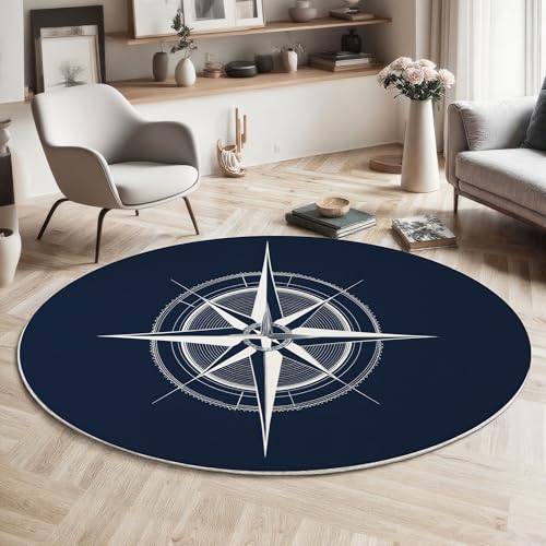 Rond Tapis Rétro Nautique Salon Lavable, Anti Slip Pile Courte Douce Chambre Boussole en Forme D'Étoile Imprimé Bleu Marine Tapis, pour Salon Salle à...