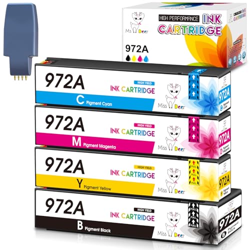 Image of Miss Deer 972A Ink Cartridges(with New Chip) Compatible for HP 972A 972 | Work for PageWide Pro MFP 352dw 377dw 477dw 477dn 577dw 577z 452dw 452dn 552dw P55250dw,4 Pack with Upgrade Device