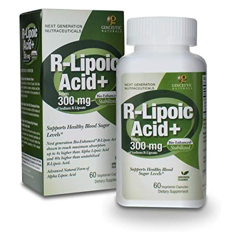 Genceutic Naturals R-Lipoic Acid Dietary Supplement | Vegetarian | Vegan | Gluten Free | Non GMO | 300mg (60 Capsules) | Single Count Cover