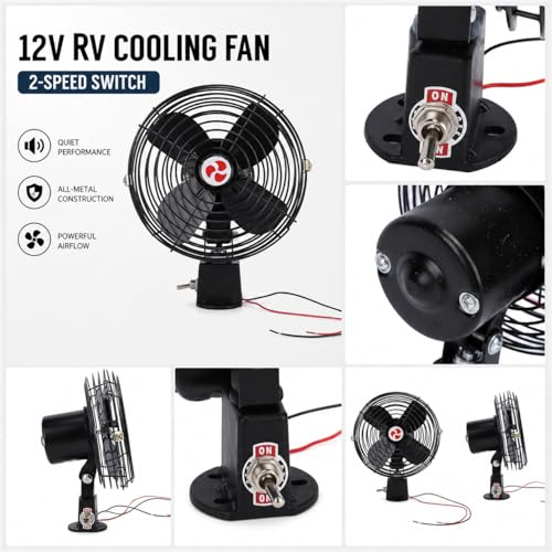 12V RV Cooling Fan with 2-Speed Switch, Heavy Duty All Metal Black Fan for Trucks, RVs, Cars, Boats, Buses, Commercial Vehicles, and Motorhomes for Auto, Marine & Delivery Vehicles (8 Inch) by Hopoint - Image 4