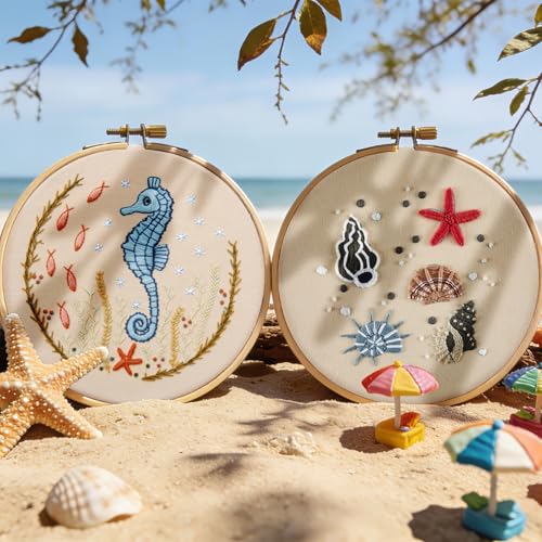 Image of Beach Embroidery Kits for Beginners Adults, Coastal Hand Embroidery Set Needlepoint Kits, Stamped Cross Stitch Kits for Beginners Adults, 2 Embroidery Hoops, Fabric, Thread (Attached Video Tutorial)