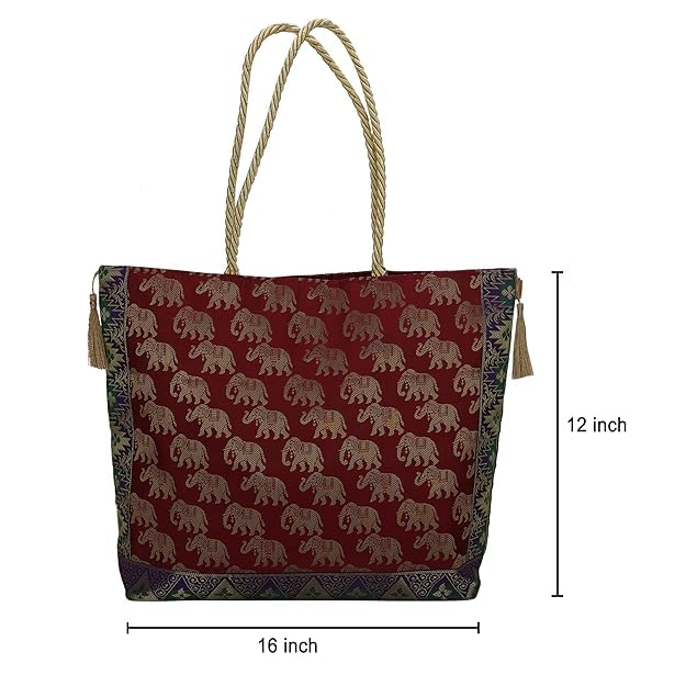 Image of Hand Purse | Traditional Hand Purse | Silk Wallet Hand Bag | Shagun HandPurse | Gifts HandBag | Golden Handle Tote Handbag | Brocade Shoulder Bag | 16 INCH