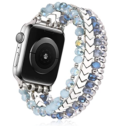 Image of MOFREE Beaded Bracelet Compatible with Apple Watch Band 42mm /44mm /45mm /49mm /46mm Series 11 /10 /9 /8 /7 /SE /6 /5 /4 /3 /2 /1 /Ultra Women Fashion Handmade Elastic Stretch Strap for iWatch Bands Blue /Silver