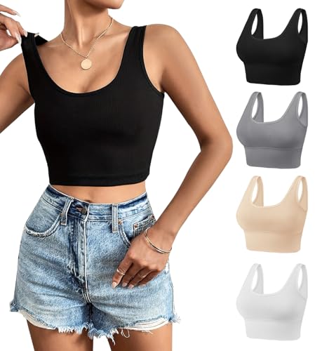Dreamcountry 4 Pack Women's Slim Fit Ribbed Tank Top, Seamless Removable Padded Scoop Bralettes, Yoga Tank Tops for Women