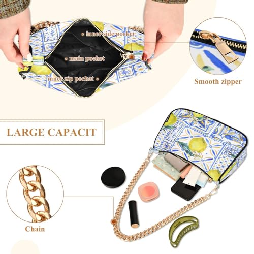 Shoulder Bags for Women Vintage Yellow Lemon Fruit and Blue Print Hobo Tote Handbag Small Clutch Purse with Zipper Closure4