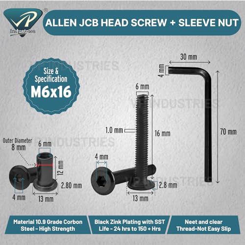 Image of Rely⇒VP INDUSTRIES (Combo Set -10 Pcs) M5x25 mm Allen JCB Screw with M5x10 JCB Female Sleeve Nut Black Zinc Finish + Allen Key 1 Pc | Fastener for Joining Wood Boards, Cabinets, Chairs & Beds