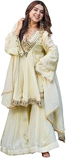 The Rua Creation Women’s White Embroidered Sharara Suit Set | Georgette Kurta with Matching Dupatta | Ready-to-Wear Weddin... Price In India